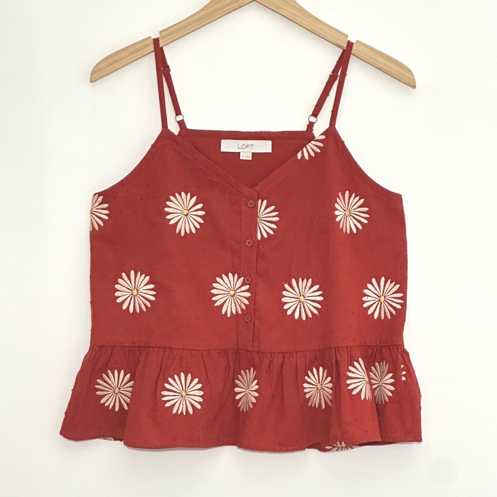 LOFT Womens Top XS Red Daisy Embroidered Swiss Cami Peplum Boho Cottage Festival